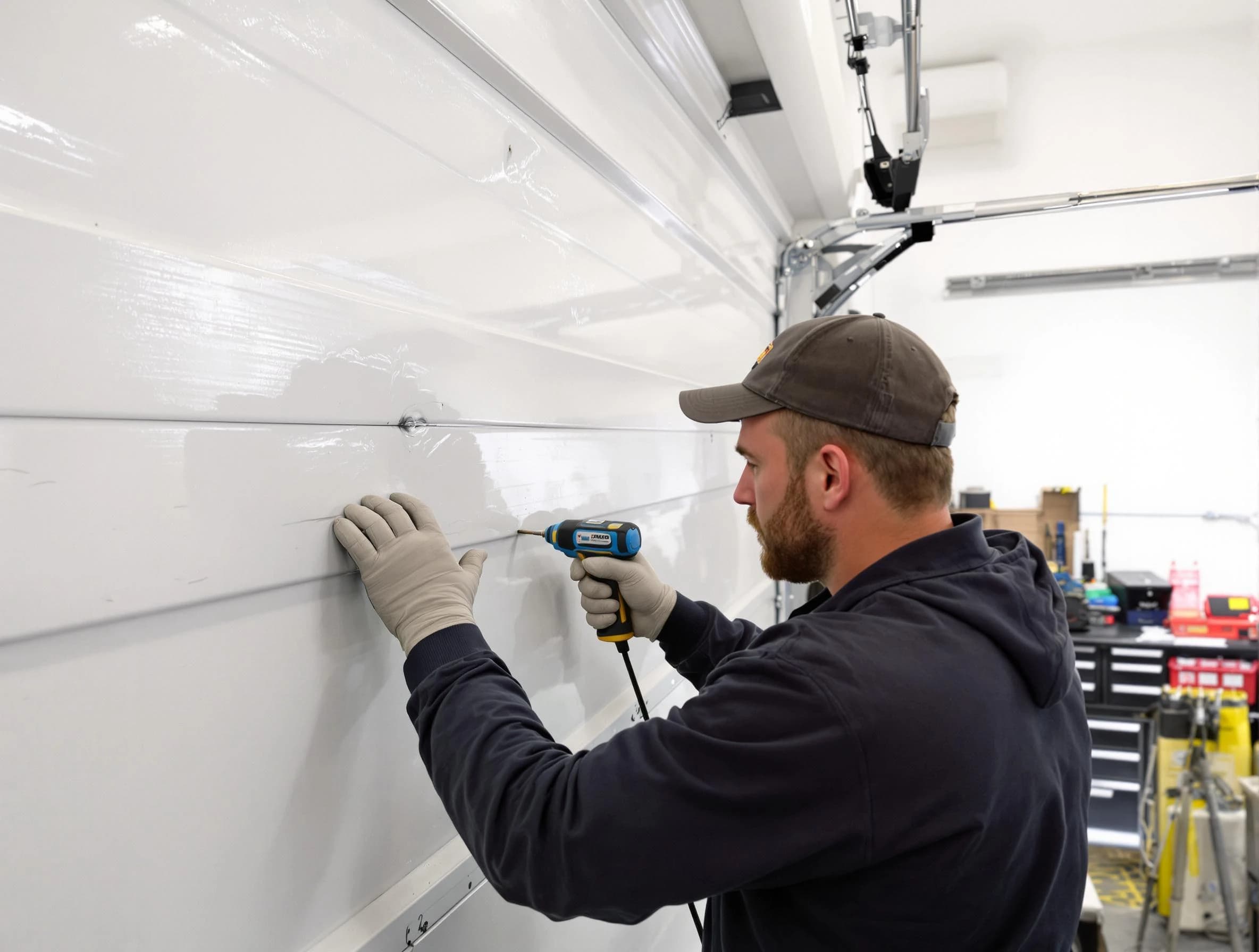 Spotsylvania Courthouse Garage Door Repair technician demonstrating precision dent removal techniques on a Spotsylvania Courthouse garage door