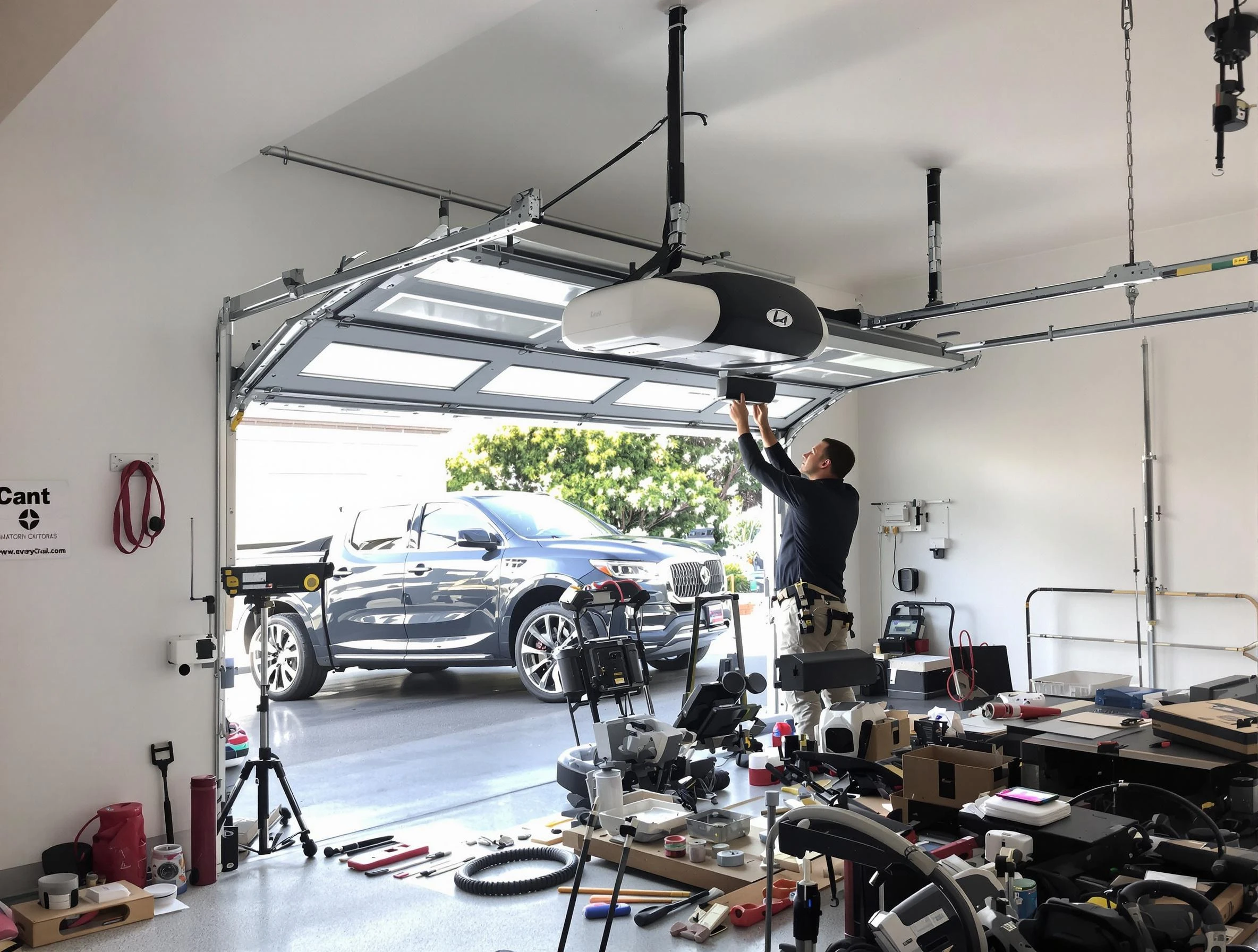 Spotsylvania Courthouse Garage Door Repair specialist installing smart garage door opener system in Spotsylvania Courthouse home